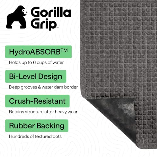 GORILLA GRIP® Ultra Absorbent Front Door Mat Outside Entrance 47x35, Traps Dirt and Moisture, HydroABSORB Indoor Outdoor Doormat Holds Up to 6 Cups Water, Stain and Fade Resistant Welcome Mat Charcoal
