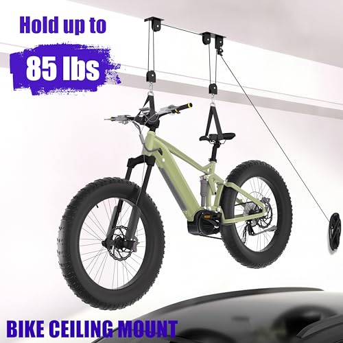 TRUSOON 2 Pack Bike Hoist, Heavy Duty Ebike Lift Pulley System for Garage Ceiling Overhead Storage for Bicycle, Ladders, Snowboard, Holds Up to 85 lbs Capacity, Fit 10-16 Foot High Ceilings