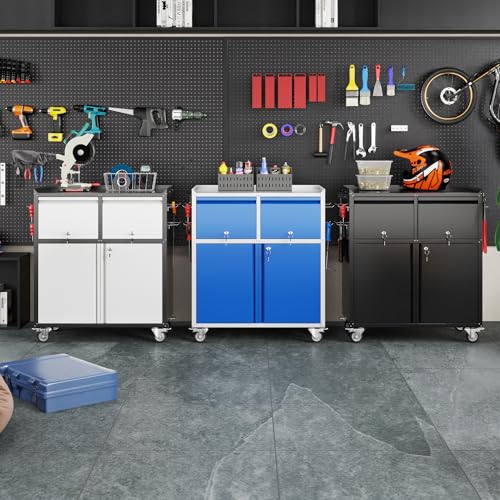 Aobabo Rolling Metal Storage Cabinet with Wheels, Heavy Duty Steel Garage Tool Cabinet with 2 Drawers, Pegboard & 4 Hooks, Lockable Mobile Organizer with Adjustable Shelves, Black, Assembly Required