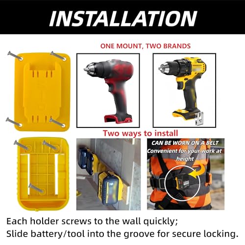 Wallignix 24 Pack Tool Battery Packs Mount Bracket Compatible with Dewalt,12 PCS Tool Drill Holder For Dewalt 20V/60V and For Red 18V tool+12 PCS Battery Packs Holders for Dewalt 20V-60V with Screws