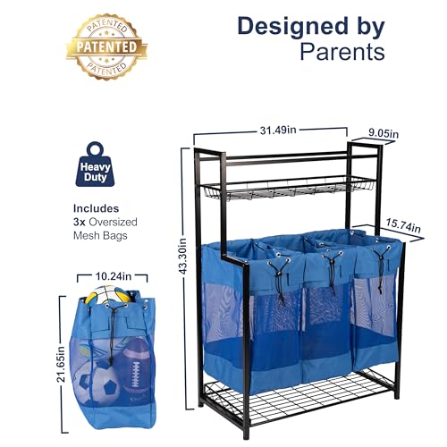 Garage Sports Equipment Organizer - Vertical Ball Storage Rack with 3 Heavy Duty Bags (black) - Metal Frame Organizer for Balls and Outdoor Gear. Home Gym Storage Organizer. Yoga Workout Organizer.