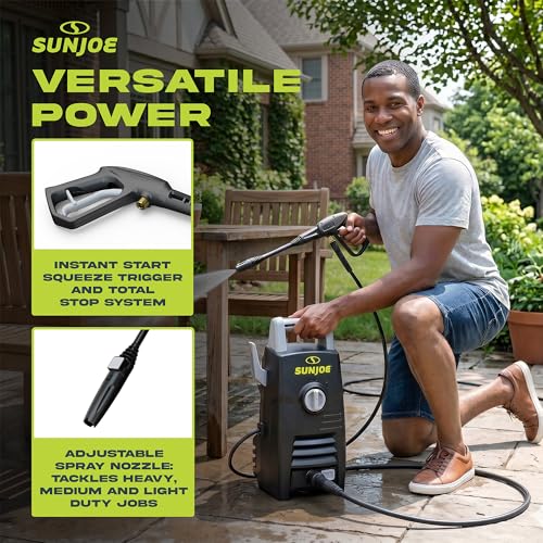 Sun Joe Electric Pressure Washer with Powerful Motor for Cars/Fences/Patios/All Uses, Safety First GFCI Power Cord, Adjustable Spray Wand & Total Stop System, 20-Foot Hose, Black, SPX205E-XT