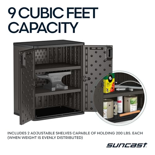 Suncast Heavy-Duty Resin Outdoor Storage Cabinet, 30" W x 20.25" D x 36" H Dark Grey Base Garage Storage Cabinet with Lockable Doors and Metal Reinforced Shelves, Made in the USA