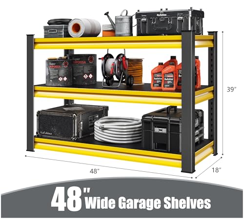 Rufokisa 48" W Garage Shelving Heavy Duty, 1650LBS Loads Adjustable Garage Storage Shelves,3-Tier Metal Storage Racks and Shelving Units, Utility Rack Shelves,48" W x 18" D x 39" H,Yellow