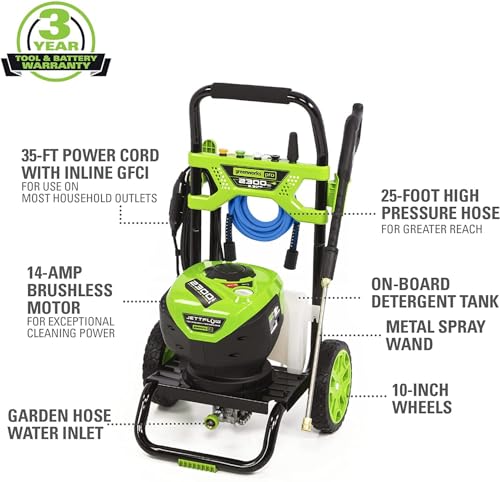 Greenworks 2300 PSI (2.3 GPM Max) Electric Pressure Washer (25°, 40°, Soap, and Turbo Nozzle) For Use On Decks, Fences, Concrete Patios, Sidewalks & More. Medium-Duty