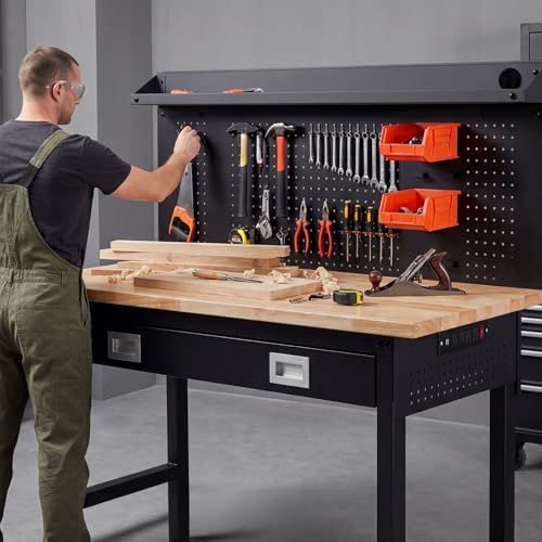 60" Adjustable Work Bench with Drawers, Workbench for Garage with Strip Light, Work Table with Large Pegboard, 2000 LBS Heavy Duty Table with Power Outlet Rubber Wood for Office, Workshop