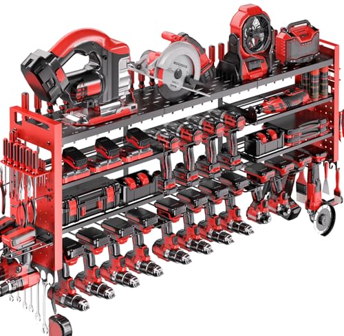 Shomextol 49.8" W Super Large Power Tool Organizer Wall Mount,4-Layer Heavy Duty Tool Storage with 18 Cordless Drill Holder,600 lb Capacity Garage Organization for Garage and Workshop (Red)