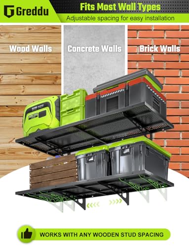 Greddu 2-Pack 1.5x4ft Heavy Duty Garage Shelving Wall Mounted, 520 Pounds Total Load Capacity, Garage Shelves withHooks,Black