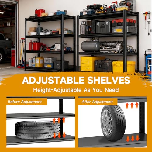 72''H × 40''W Garage Shelving, 5 Tier Heavy Duty Shelving, 2500 lbs Capacity Garage Storage Shelves, Industrial Shelves with Thickened Double-Layer Posts for Garage, Warehouse, Basement,Black