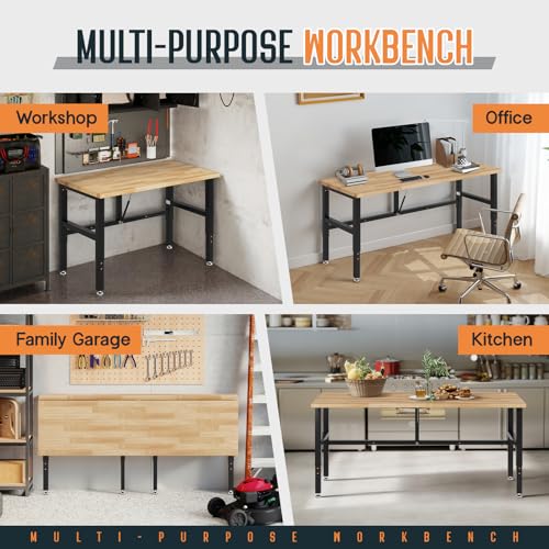 SPECRAFT Folding Workbench, Adjustable Foldable Workbench, 34.7"-40" Height Adjustable, Rubber Wood Top for Garage, Workshop, Office