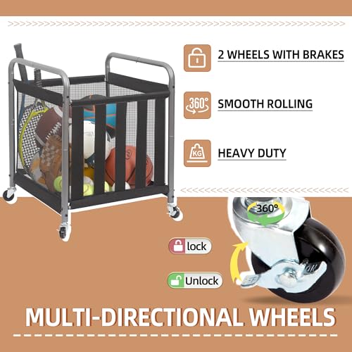STORAGE MANIAC Ball Storage Bin Rolling Sports Ball Cart, Metal Garage Organizer Sport Rack Basketball Storage Cage for Garage or Gym, Indoor & Outdoor Sports Equipment Organizer 1 Pack