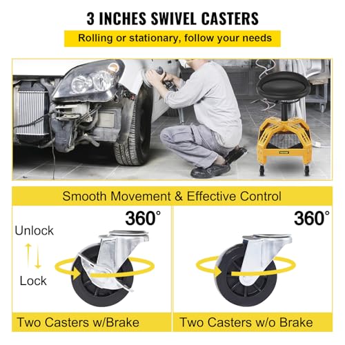 VEVOR Rolling Garage Stool, 300LBS Capacity, Adjustable Height from 24 in to 28.7 in, Mechanic Seat with 360-degree Swivel Wheels and Tool Tray, for Workshop, Auto Repair Shop, Yellow