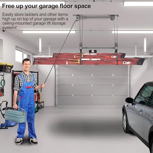 TRUSOON Ladder Storage, Larger Pulley Ladder Hoist, Self Locking Function Ladder Hanger, Garage Ceiling Mount Lift System for Kayak, Cargo Box, Canoe, Bike,Fit 10-14 Foot Ceilings, Hold 150 lbs