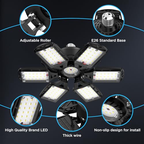SYDHTF LED Garage Lights 2 Pack, 18000LM 180W Deformable Shop Light with 6+1 Adjustable Panels, 6500K Daylight White Ceiling Light for E26 Base, Ideal for Garage/Basement/Barn