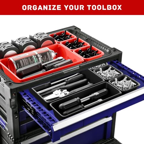 Vexercisehoop Toolbox Organizer Trays, Tool Chest Drawer Organizer with Non-Slip EVA Pads – 47pcs Red and Black Interlocking Trays for Workbench, Rolling Tool Cart, Garage