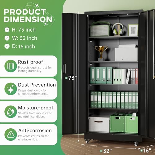 INTERGREAT 73" H Metal Storage Cabinet with Wheels, Locking Doors and Adjustable Shelves, Black Rolling Steel Tool Cabinet for Home Office, Garage, Warehouse