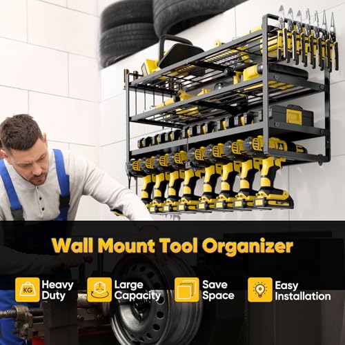 POKIPO Large Power Tool Organizer Wall Mount,4 Layers Heavy Duty Metal Loads 400lbs,Power Tool Shelf Battery Storage with 8 Cordless Drill Holder,Utility Racks for Garage Workshop