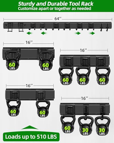 PIYILO 64 inches Garage Tool Organizer Wall Mount, Garden Tool Organizer Rack Heavy Duty, Hanging Storage Organization Racks Holder with 10 Hooks, for Lawn Tools, Shovel, Shed
