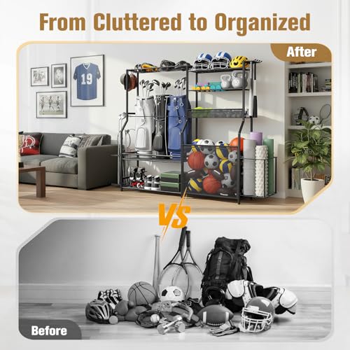 Homiesetify Garage Sports Equipment Organizer, 3 Golf Bag Organizer Stand Heavy-Duty Ball Storage Rack with Basket and Hooks, Ball Storage Cart for Toy Sports Gear Storage, Black (Extra Large)