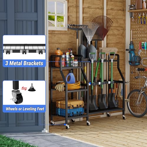 keomaisyto Garden Tool Organizer with 6 Wheels(3 lockable), Heavy Duty Yard Tool organizer with 2 Basket, Large Metal Garage Tool Organization and Storage for Garage/Shed/Yard/Broom Closet/Lawn