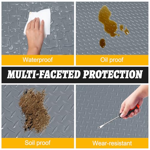 7.5x25 FT Garage Floor Mat, 2.8mm Thickened Flooring Roll Under Car Mat with 20Pcs Tapes, Diamond Plate, Non-Slip Floor Protector Mat for Trailer, Garage, Warehouse, Gyms, Trailer, Gray