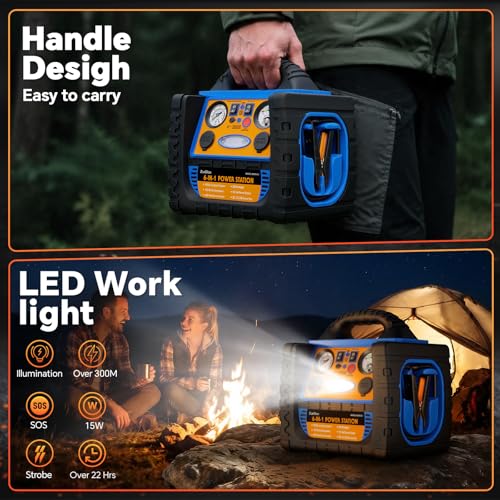 Car Jump Starter with Air Compressor, 1800A Battery Booster Pack for Up to 8.0L Gas & 6.0L Diesel, 150PSI Tire Inflator, 400W Portable Power Station with AC Outlet, 6-in-1 Jump Box for Cars, Trucks