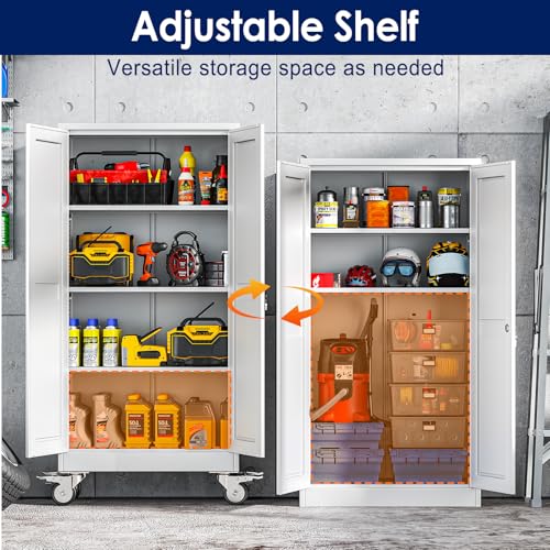 erosoei 61" H Metal Garage Storage Cabinet, Rolling Tool Cabinet with 2 Doors and Wheels, Locker Steel Cabinet with 3 Adjustable Shelves, Organization Cabinet for Garage,Office,Home,Gym,School（White）