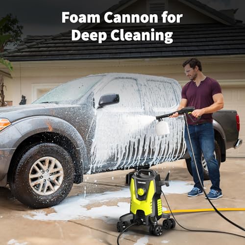 Yeryork Pressure Washer, 3000 PSI Power Washer with 4 Lockable Wheels, Stainless Steel Lance, 4 Quick Connect Nozzles, 500ml Foam Cannon for Car/Decks/Driveways/Patios (Fluorescent Green)