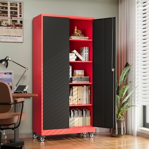Letaya Metal Garage Storage Cabinets with Lock Door and Adjustable Shelves, Steel Tool Cabinets for Home,Office,Warehouse Organisieren (Black Red, 75" H)