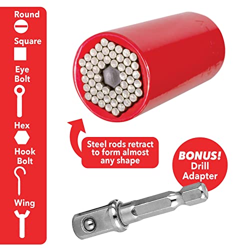 Red Dog Socket w/Drill Adapter, Fits Most Nuts & Bolts, Use with Socket Wrenches & Power Drills, Steel Rods Form Any Shape, Standard or Metric, 2 In.