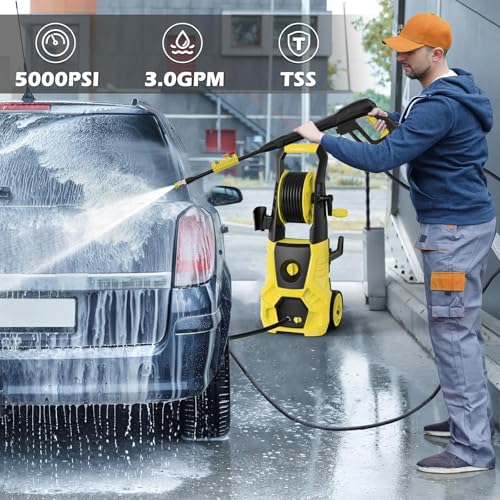 DECOKTOOL 5000PSI PowerWasher with 4 Quick Connect Nozzles, Foam Cannon for Car, Lane, Patio Cleaning, Hydro Jet Pressure Hose Water Wand for Gutter Patio Car Garden Window, Yellow