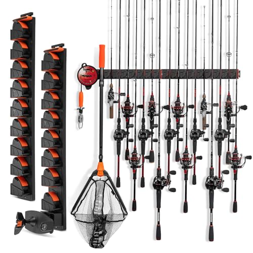 KastKing GravityLock Fishing Rod Holder, V8 & V9 2-Pack Wall Mounted Fishing Rod Rack, Holds up to 17 Fishing Rods or Combos, Universal Rod Storage System, Heavy-Duty Grip, Built-in Line Spooler