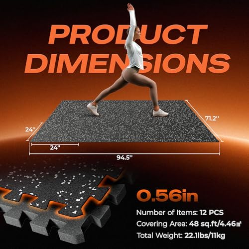 SUPERJARE 0.56'' Thick 12 Pcs 48 Sq Ft Rubber Top Exercise Equipment Mats, High Density EVA Foam Mats with Rubber Top, Interlocking Gym Flooring for Home Gym, Protective Workout Mat, Black/Grey