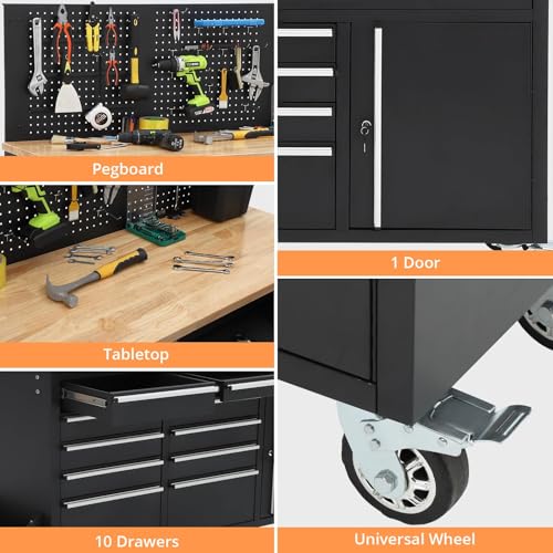 Garvee Rolling Tool Chest, 61 in Garage 10 Drawers Workbench Storage Tool Cabinet with Solid Rubber Wood Top, Power Strip, 1675 LBS Load Mobile Workstation, Heavy Duty Rolling Cabinet, Black
