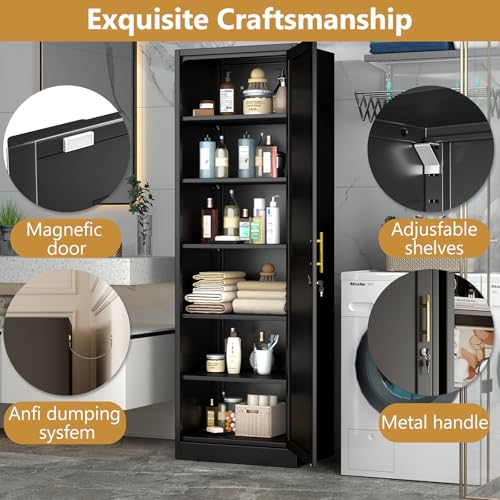 Lusiwry Tall Narrow Slim Metal Storage Cabinet with Lock and 5 Adjustable Shelves,Steel File Cabinets,Kitchen Pantry Cabinet Locker Organizer - 67" Storage Cabinets for Bathroom,Bedroom,Office,Black