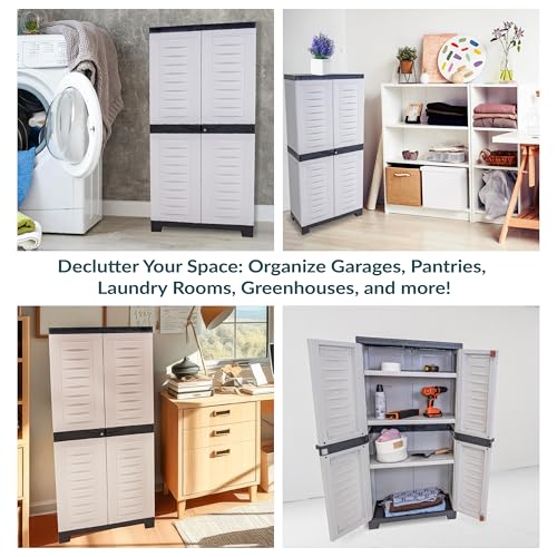 Sunnydaze 48" H Resin Garage Storage Cabinet - Garage Cabinet with Lockable Doors and Adjustable Shelves - Freestanding Utility Storage for Laundry Room, Office, Basement - Gray/Charcoal Trim