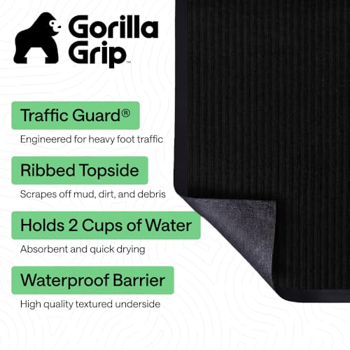 GORILLA GRIP Waterproof Traffic Guard Door Mat, Heavy Duty Entryway Mats, Strong Backing Commercial Utility Rugs for Office Hallway, Garage Floor and Home, Low Profile Carpet Runner, 29x17, Black