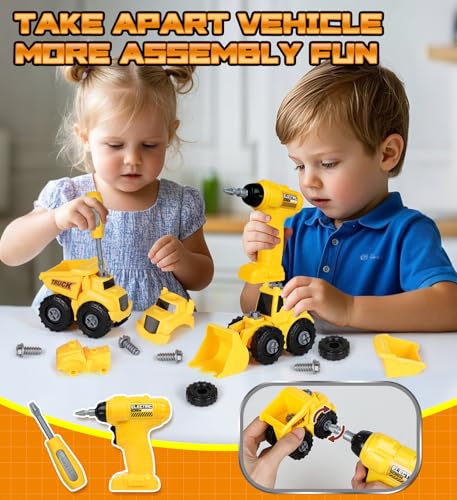 Lehoo Castle Kids Tool Bench with Electric Drill and Construction Vehicles, 2-in-1 Workbench and Toolbox for Toddlers, STEM Learning Toys for Age 3-5, Birthday Gift for Boys & Girls