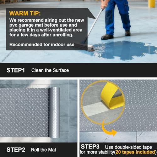 7.5x25 FT Garage Floor Mat, 2.8mm Thickened Flooring Roll Under Car Mat with 20Pcs Tapes, Diamond Plate, Non-Slip Floor Protector Mat for Trailer, Garage, Warehouse, Gyms, Trailer, Gray