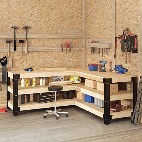 FLEXIMOUNTS Universal Steel Workbench Kit 5 Legs L Shaped Heavy Duty Work Bench for Garage Storage Shelving Workbenches Frame Black Customizable Work Table Brackets, Lumber Not Included