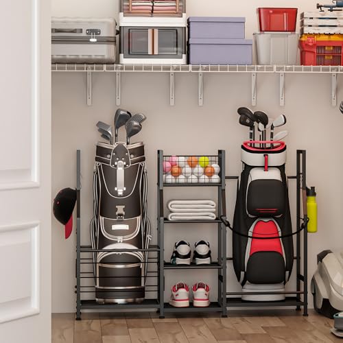 Sonyabecca Garage Sports Equipment Organizer 2 Golf Bag Stand Golf Storage Organizer for Garage with Basket and Hooks, Storage Rack for 2 Golf Bag, Golf Gift for Men, Gifts for Father
