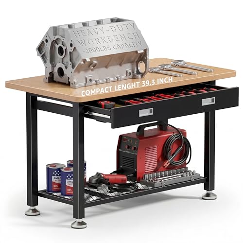 IGERI 39" Heavy Duty Work Bench With Drawer and Storage for Garage, Small Wood Top and Metal Workbench for Crafts 3d Printer Work Table Tool Chest Workbenches Crafting Table Working Station Shop Bench