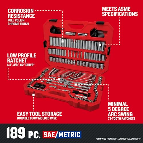 CRAFTSMAN Mechanic Tool Set 189 Pcs, 1/4, 3/8, 1/2 Socket Set with 72 Tooth Low Profile Ratchet, Steel 6 and 12 point Sockets, Wrenches, Hex Keys, Deep Sockets, Bits, Metric and SAE (CMMT12134)
