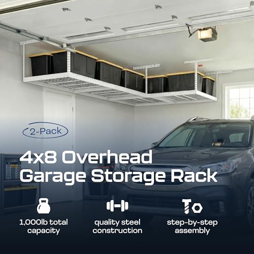2-Pack 4 x 8 MonsterRax Overhead Garage Storage Rack, Ceiling Racks for Garage, Organization Shelving, Adjustable Hanging Shelf, White, 24"-45" Height Adjustment,
