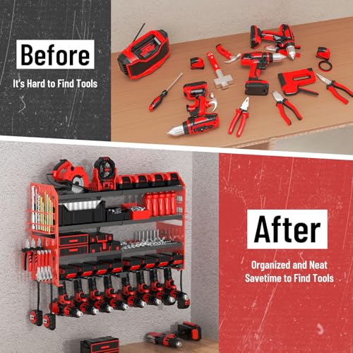 VeyFolzin.st Large Power Tool Organizer Wall Mount with Charging Station, 4 Layer Heavy Duty Metal Cordless Tool Organizer, Tool Storage Rack with 8 Cordless Drill Holder Screwdriver Hammer(Red)