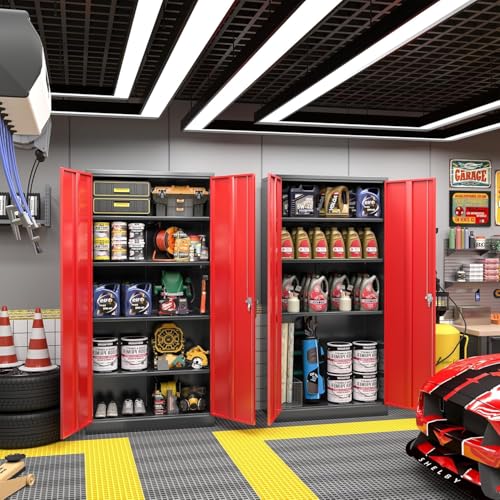 Greenvelly Metal Garage Storage Cabinet, 72" Black Red Tool Steel Locking Cabinet with Doors and 4 Shelves, Tall Cabinets for Garage Storage Systems Lockable File Cabinet for Home Office,Garage