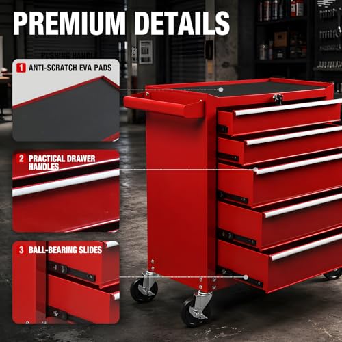 YELLOW JACKET Rolling Tool Chest 5 Drawers, Portable Tool Storage Cabinet with Wheels, Tool Cabinet Organizer with Locking System & Drawer Liners, Tool Storage Cart for Garage, Workshop, Red