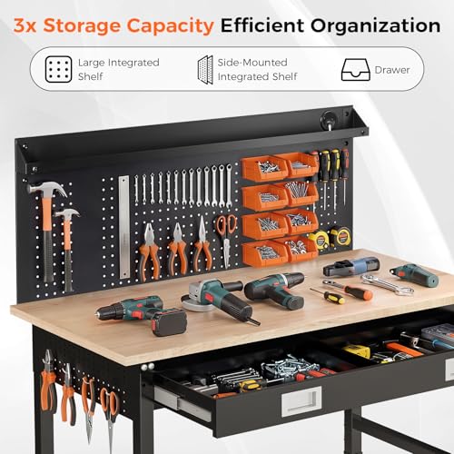60" Adjustable Work Bench with Drawers, Workbench for Garage with Strip Light, Work Table with Large Pegboard, 2000 LBS Heavy Duty Table with Power Outlet Rubber Wood for Office, Workshop