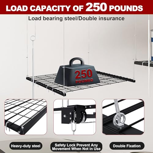 S.Walt Hanging Garage Ceiling Storage Racks, Adjustable Overhead Garage Storage Lift, Mounted 44 ft Heavy-Duty Steel Platform for High Ceilings 1012 ft, Supports 250 lbs for Everyday Use