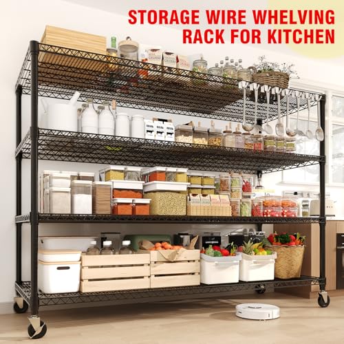 4-Tiers Storage Shelves 73" H Heavy Duty Metal Shelving with Wheels, 2640LBS Load Wire Shelving Rack Garage Shelves for Pantry Kitchen Industrial Warehouse Office, 59" W x 23.9" D